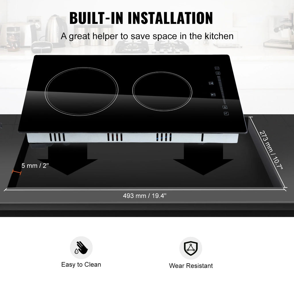 KFFKFF 2 Burner Electric Cooktop, 220-240V 1800W 20 Inch Built-in Electric Stove Ceramic Cooktop with Touch Screen, 9 Levels Settings, Overheat Protection with US Plug