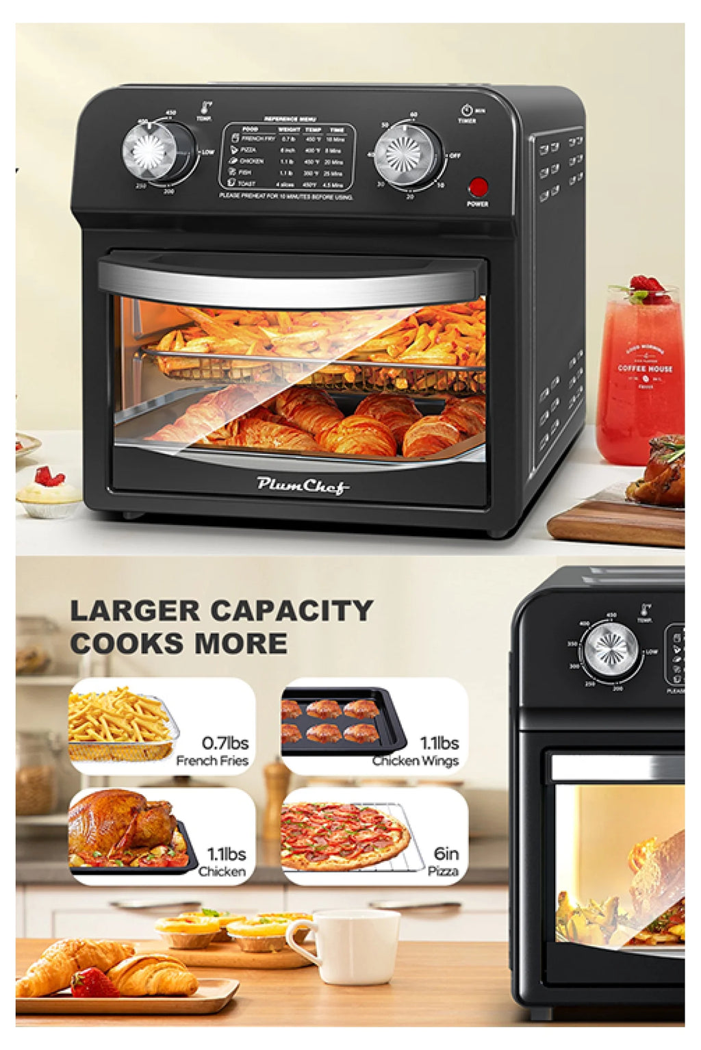 12.5 Quart 7-in-1 Convection Toaster Oven, 1500W, 5 Pre-set Menus, Roast, Bake, Grill, Broil, Toast, Dehydrate, Defrost, Stainless Steel, Black
