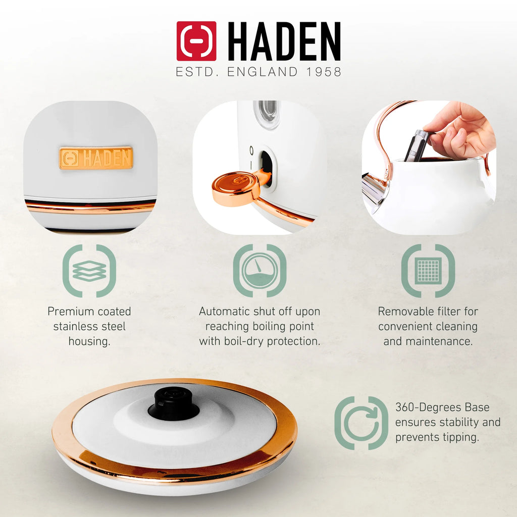 Haden Heritage 1500 1.7 Electric Kettle, Matte Black Finish with Copper Accents