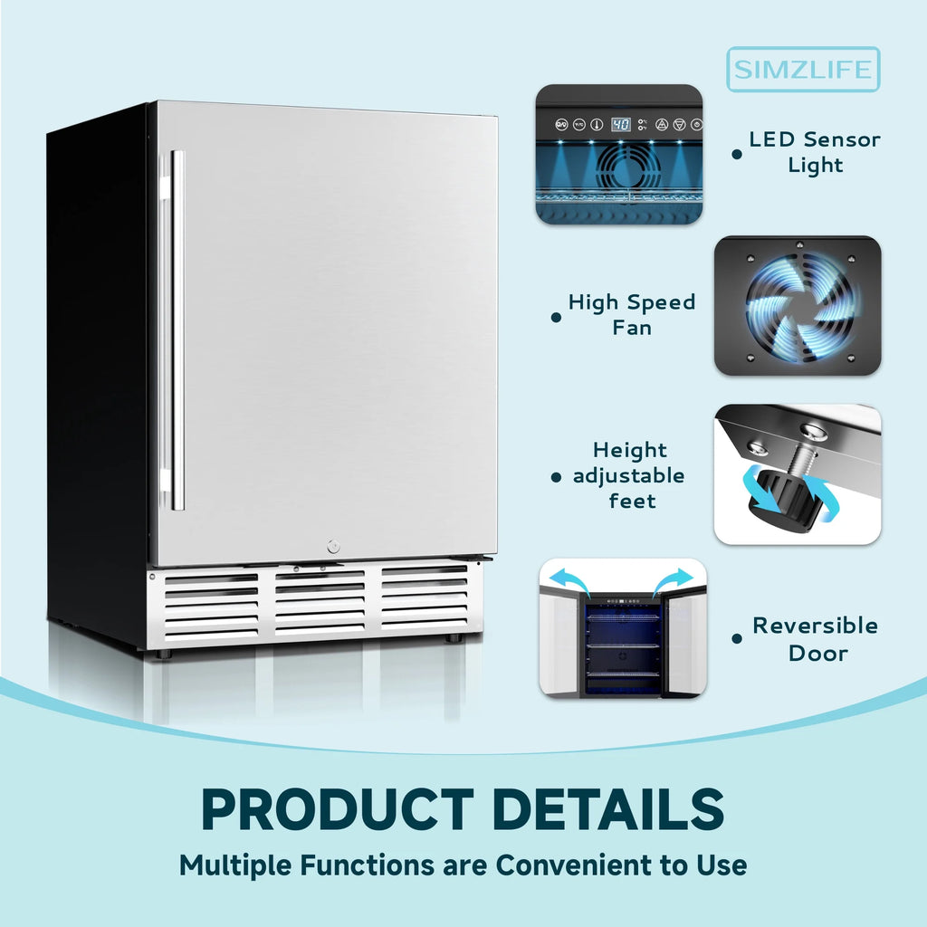 Simzlife 15 in. Single Zone 130-Cans Built-in Beverage Refrigerator Cooler Fridge in Silver Stainless Steel, with Auto LED Lights