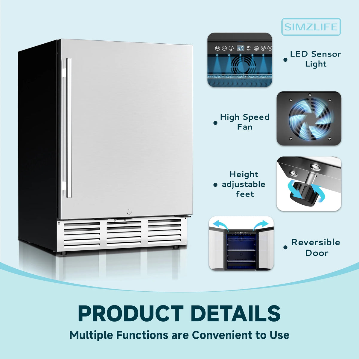 Simzlife 15 in. Single Zone 130-Cans Built-in Beverage Refrigerator Cooler Fridge in Silver Stainless Steel, with Auto LED Lights