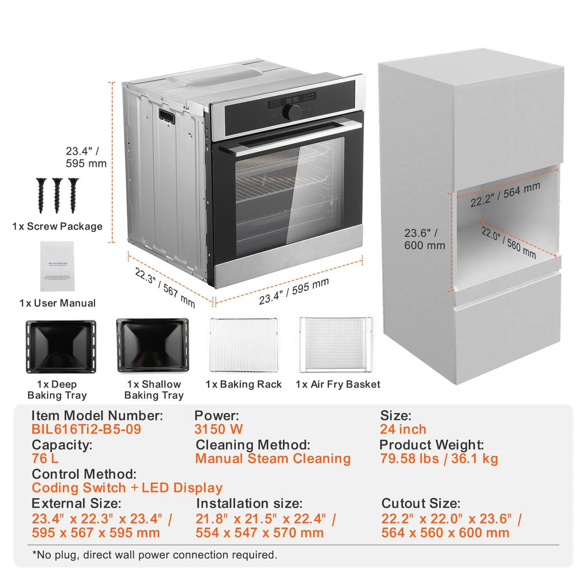 KFFKFF Solo Wall Oven, 24" Electrically Integrated Wall Oven with 16 Culinary Functions, 2.68 Cu.Ft Electric Wall Ovens with Timing Device, 3150W Electric Oven inclusive of Baking Rack and Tray