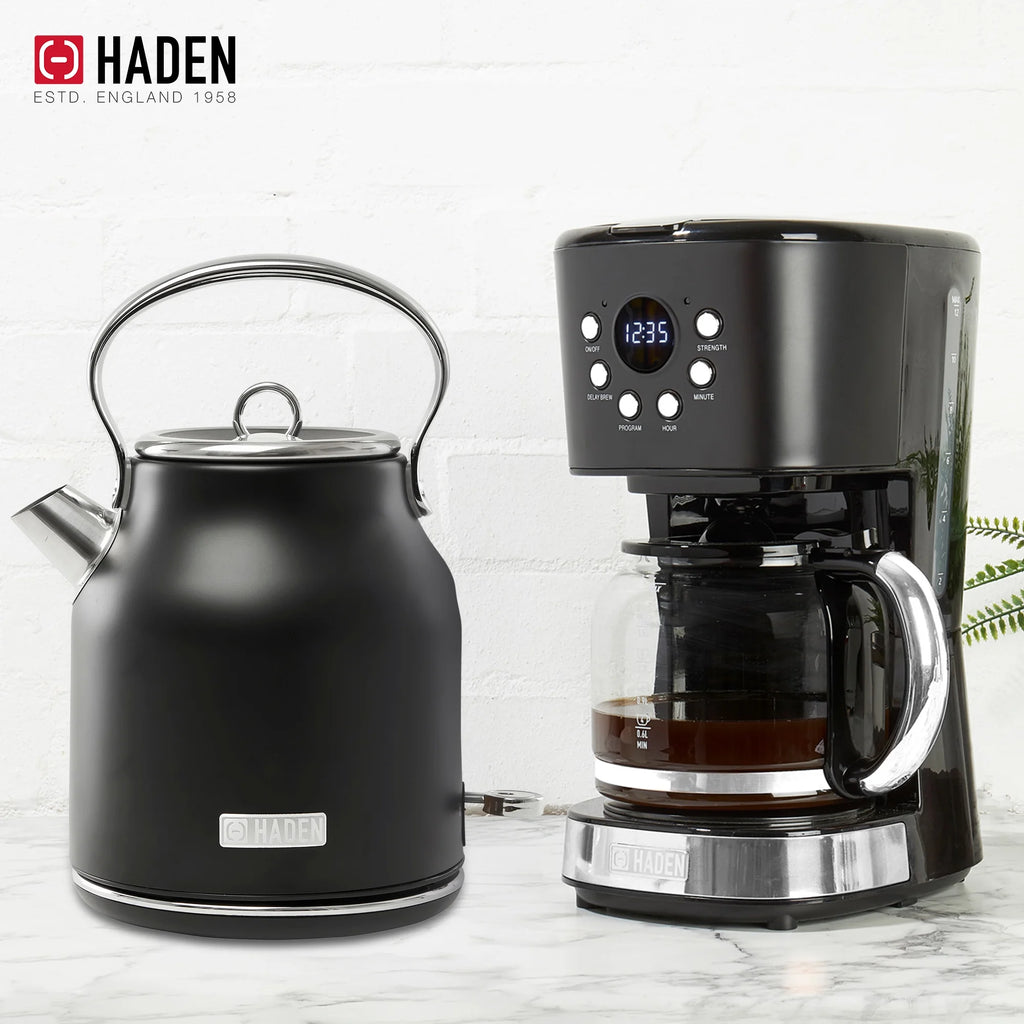 Haden Coffee Maker & Heritage 1.7 Liter Electric Kettle, Black & Chrome