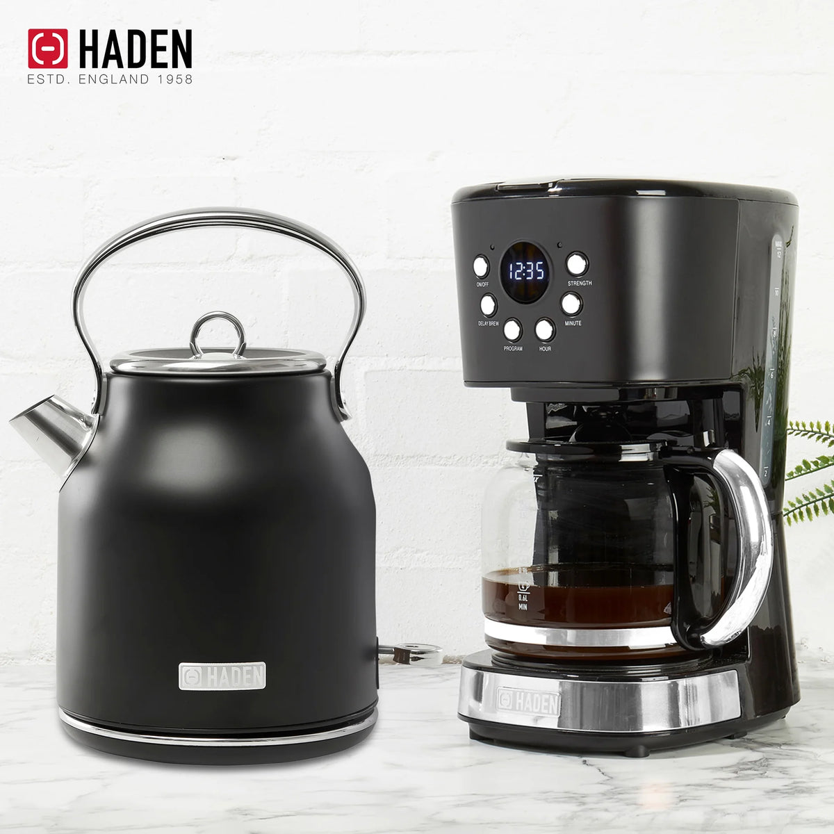 Haden Coffee Maker & Heritage 1.7 Liter Electric Kettle, Black & Chrome