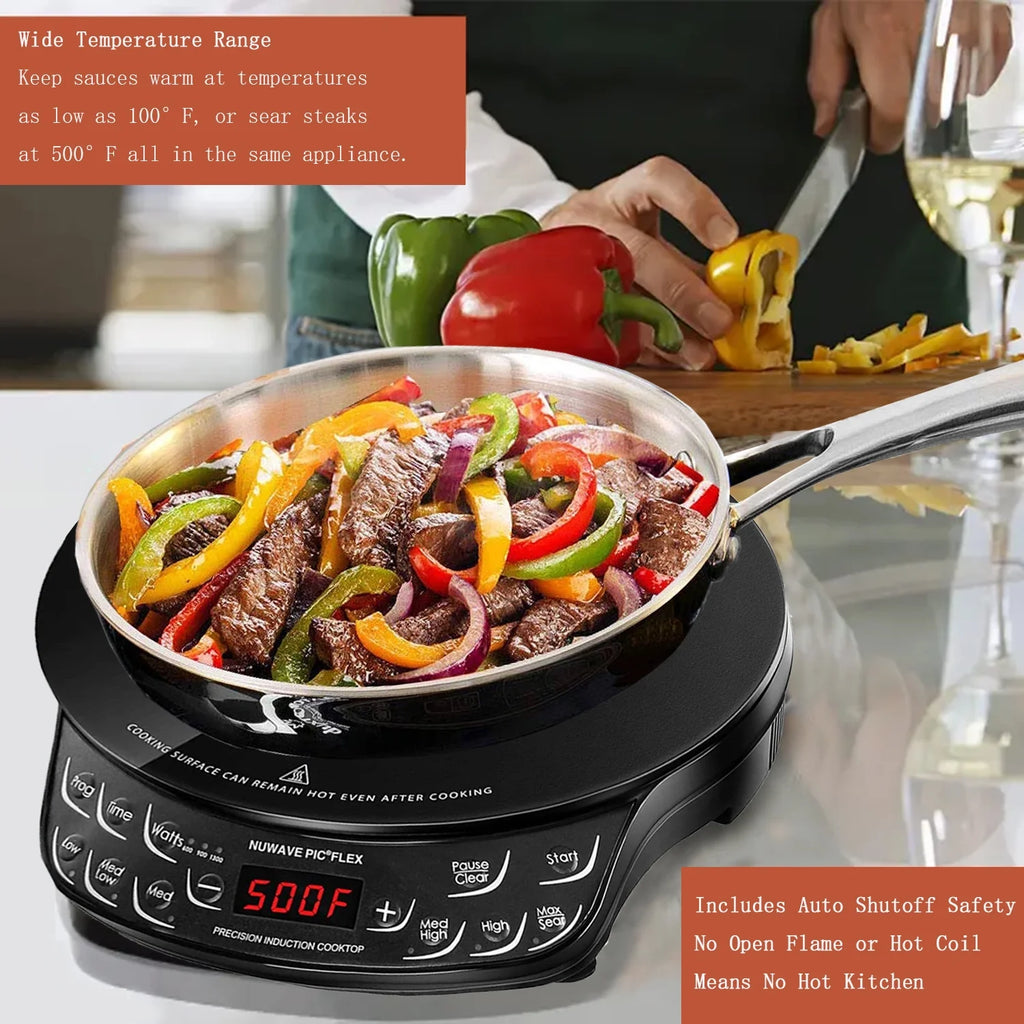 Nuwave Portable Induction Cooktop Flex, 10.25-inch Shatter-Proof Ceramic Glass and Large 6.5-inch Heating Coil, 3 Wattage Settings 600, 900 & 1300 Watts, Hot