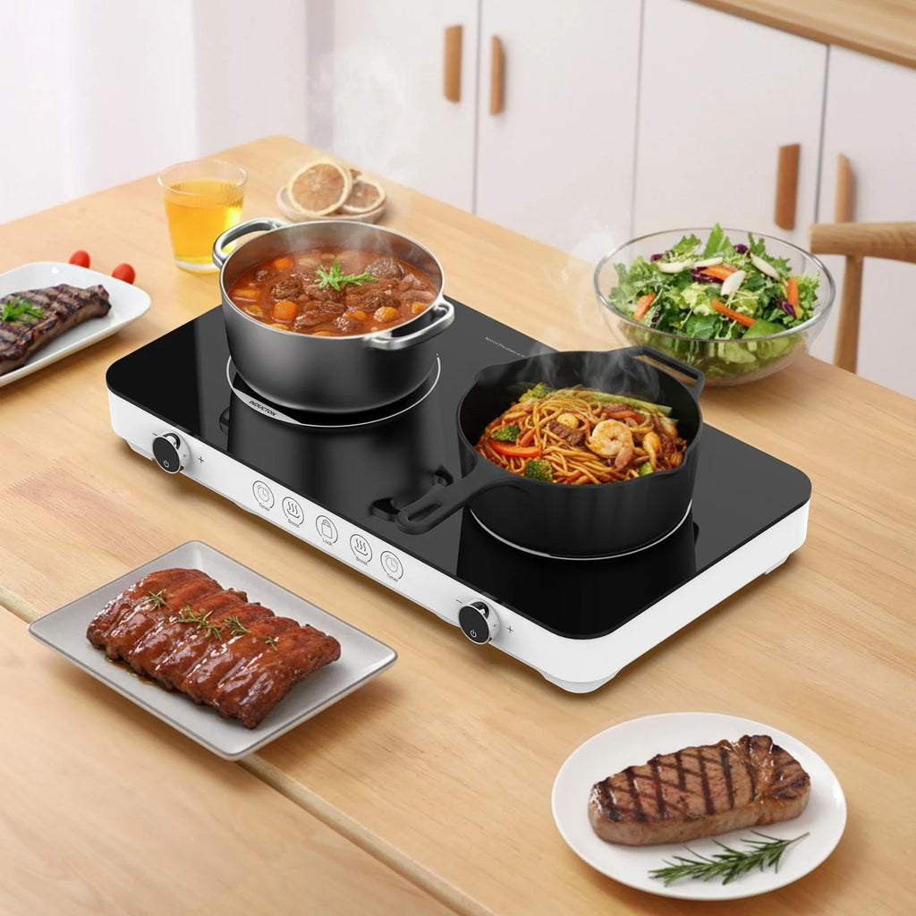 Advwin Double Induction Cooktop Burner, 1800W Portable Induction Cooktop with 8 Temperature & Power Levels, Timer, Child Lock, Independent 2 Burner Control, Ultra-Thin Design