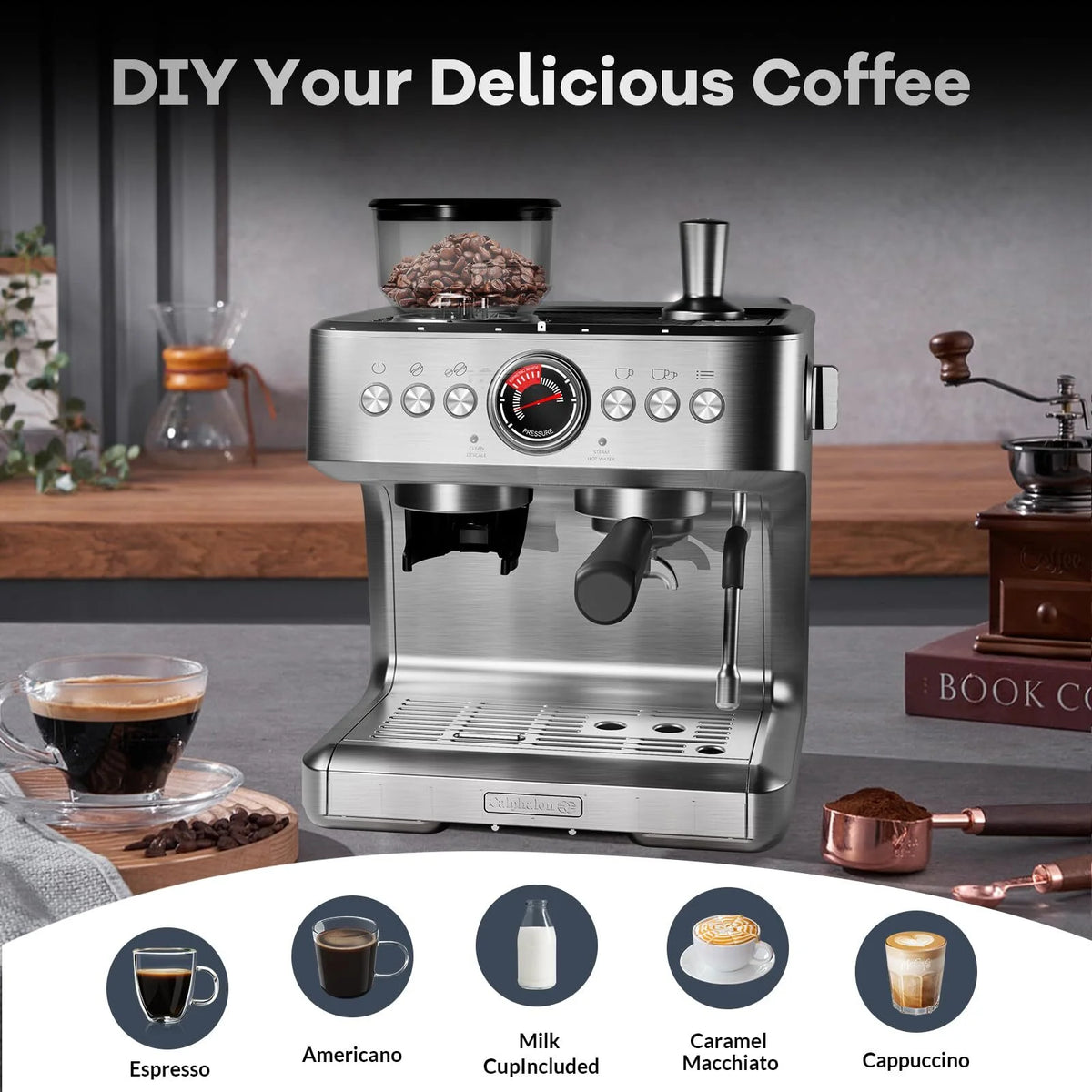 Espresso Machine with Built-in Grinder,Italian ULKA 15 Bar Espresso Machine - 85oz Water Tank, Dual PID Control, Milk Frother & Auto-Cleaning for Perfect Lattes and Cappuccinos