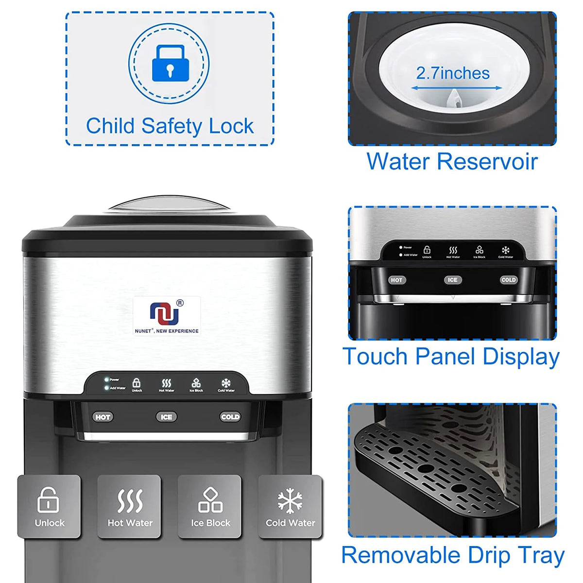 NUNET 3 in 1 Portable Ice Maker + Water Cooler Dispenser 5 Gallon with Child Safety Lock