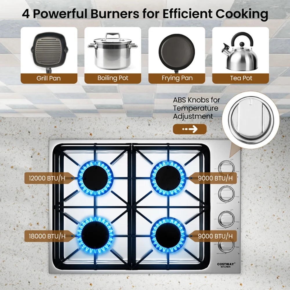 Resenkos 30/36 Inch Gas Cooktop with 4/6 Powerful Burners and ABS Knobs-30 inches, Convertible Gas Burner for Kitchen, Stainless Steel