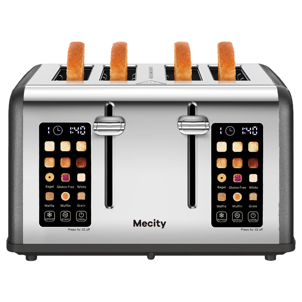 Mecity 4-Slice Touchscreen Toaster, Stainless Steel, 6 Browning Settings, Reheat, Cancel, Defrost, Removable Tray