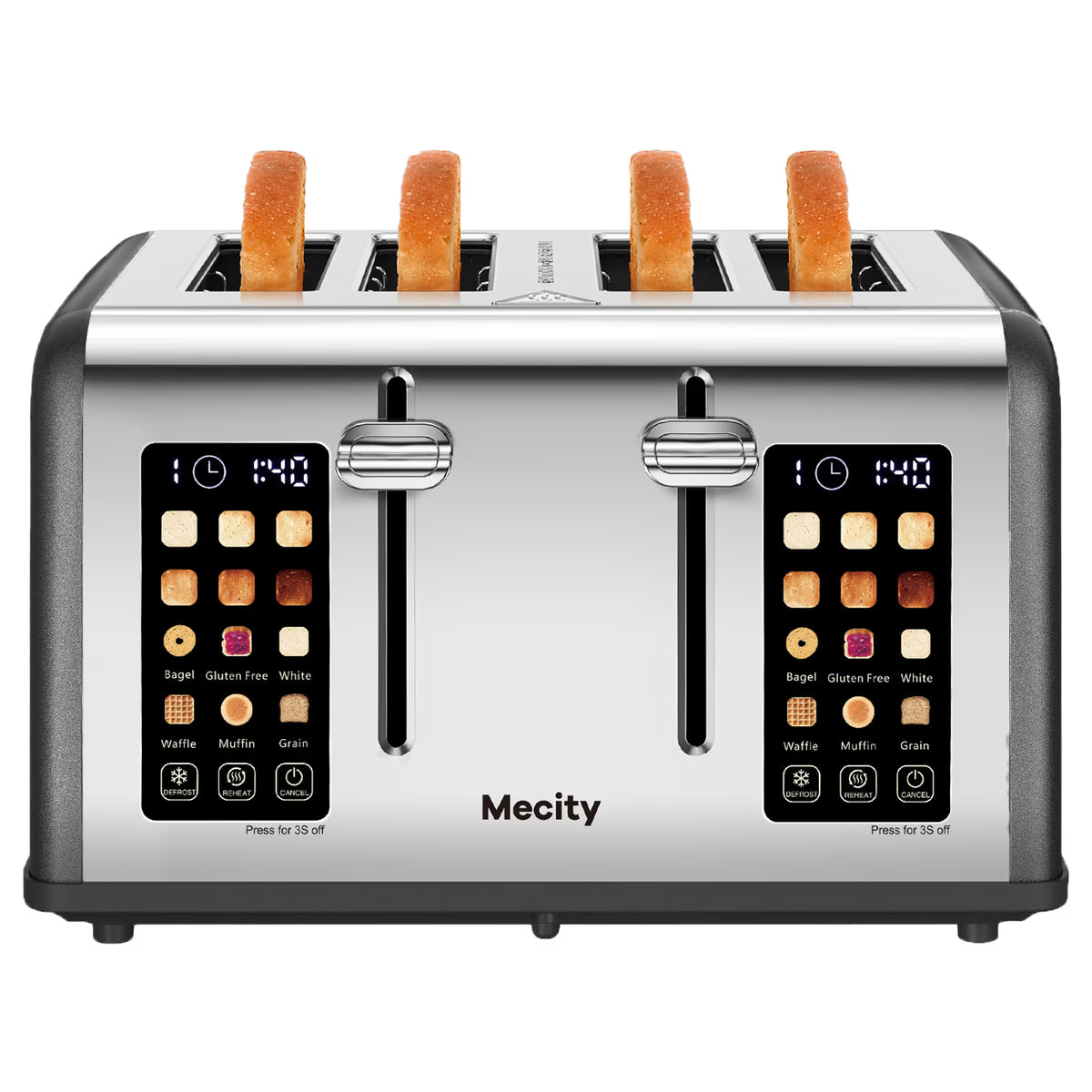 Mecity 4-Slice Touchscreen Toaster, Stainless Steel, 6 Browning Settings, Reheat, Cancel, Defrost, Removable Tray