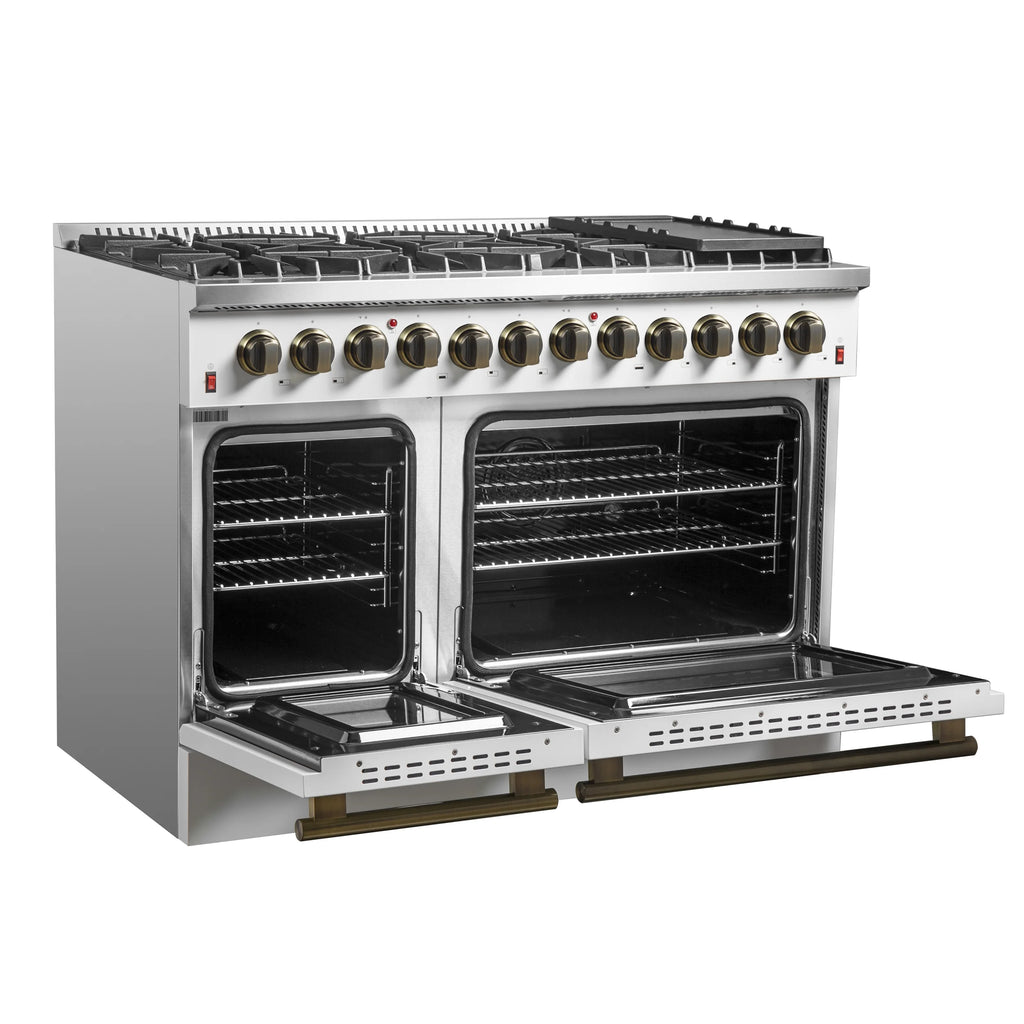 Galiano 48-inch Dual Fuel Range White  Antique Brass Design with 8 Sealed Burners 107,000 BTU, 6.58 cu. ft. double ovens  Griddle