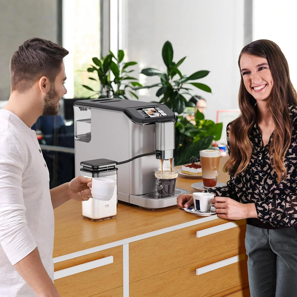 Full Automatic Espresso Machine with Built-In Grinder & Milk Frother - FTF Touchscreen Coffee Maker for Latte/Cappuccino, 20 Bar Pressur & 1.5L Water Tank, 1350W, Grey