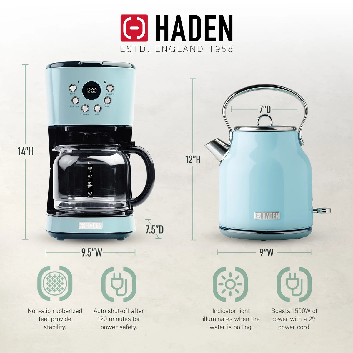Haden Coffee Maker & Heritage 1.7 Liter Electric Kettle, Black & Chrome