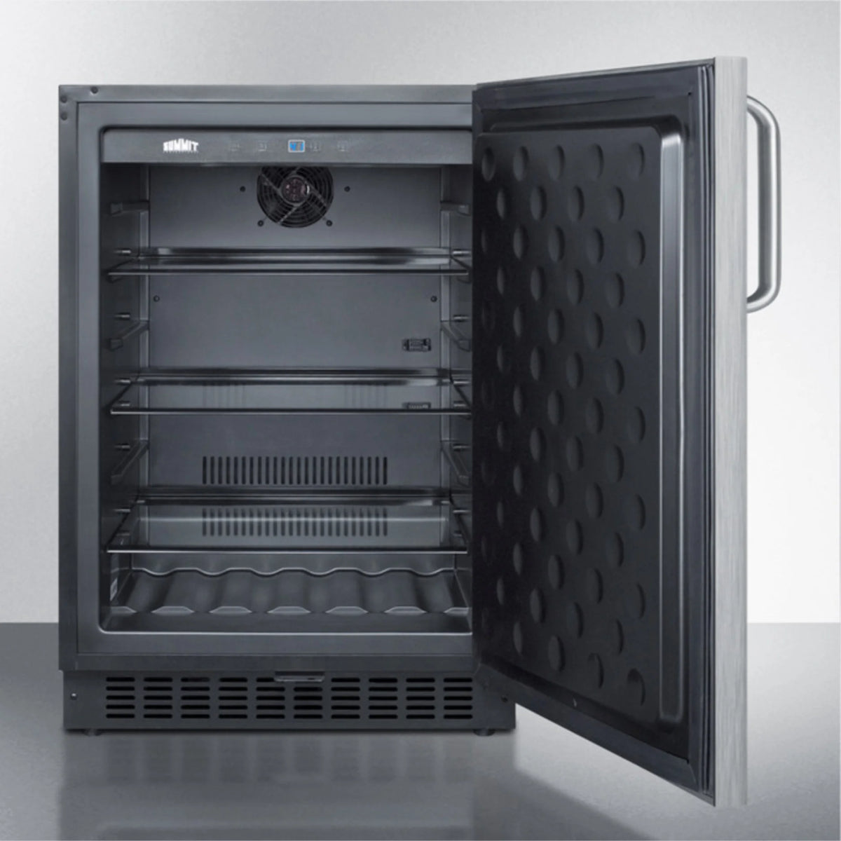 Outdoor all-refrigerator for built-in use, with lock, digital thermostat, towel bar handle, and stainless steel wrapped exterior