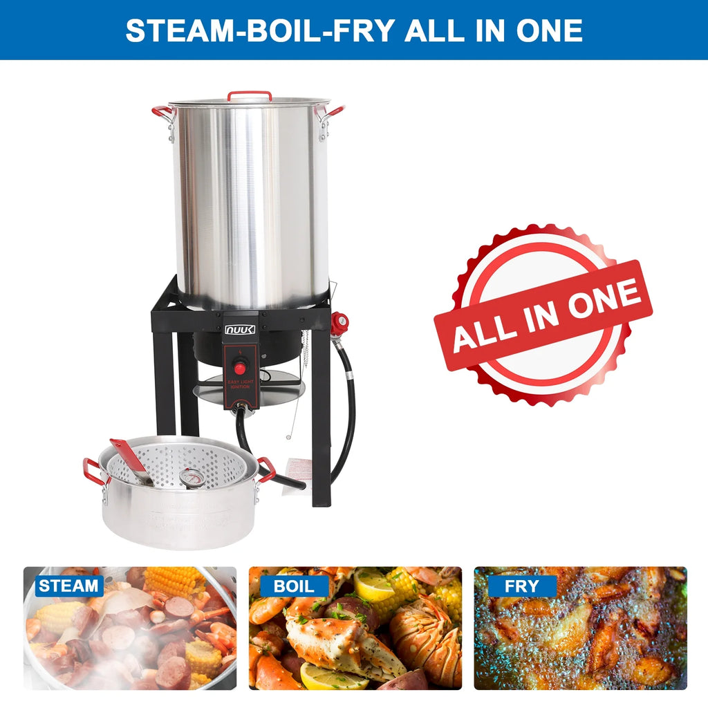 NUUK 30QT Turkey Fryer & 10QT fish fryers outdoor cooking Kit,50,000 BTU Propane Burner��Seafood Boil Pot,Cover & Skimmer Included, Aluminum Deep Fryer Pot with Basket Crab, Gifts for Thanksgiving Day
