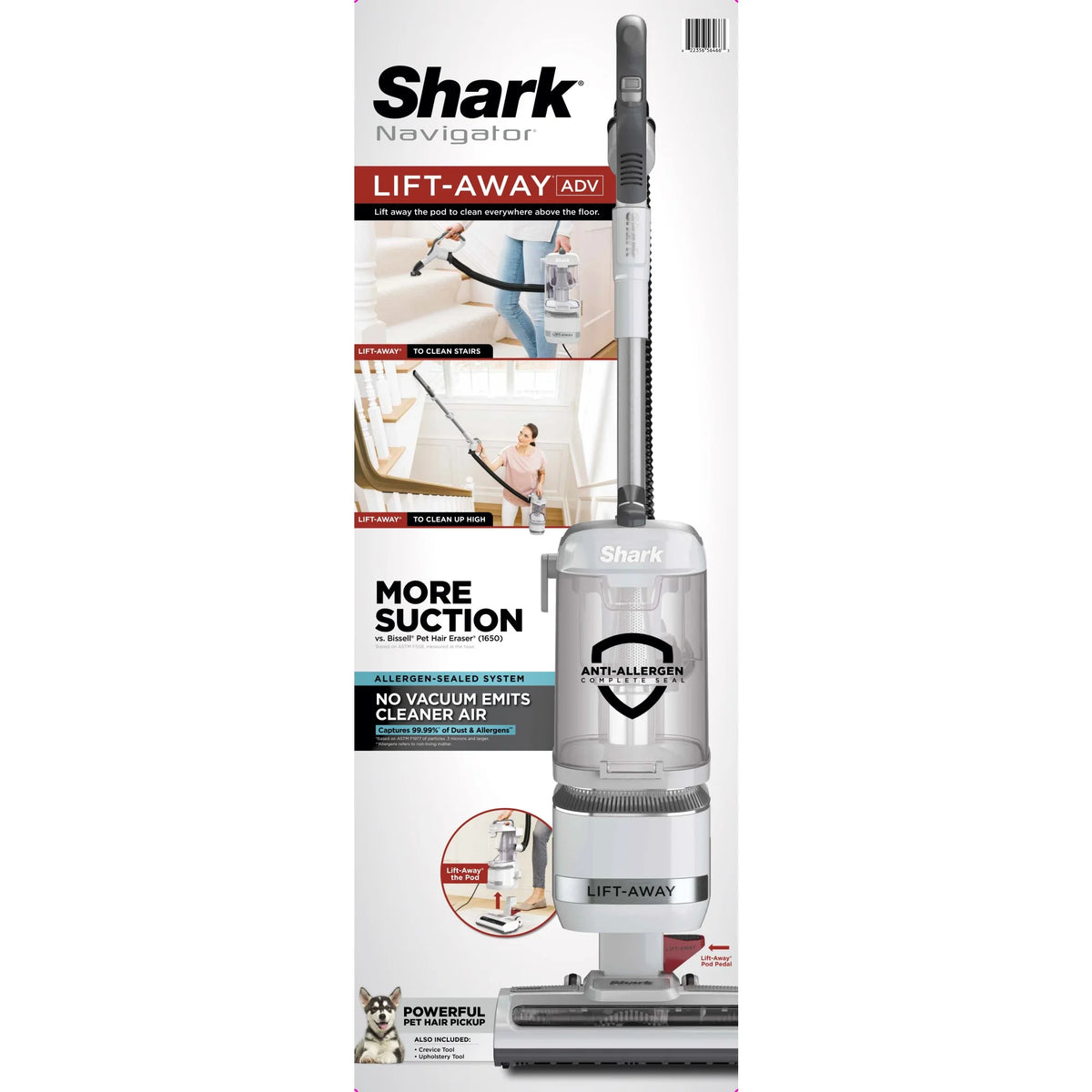 Shark Bagless Upright Vacuum, Navigator Advanced Lift Away with Powerful Hair Pickup, Crevice and Upholstery Tool, Anti Allergen Seal, Easy to Empty, Large Dustbin, Grey, LA300