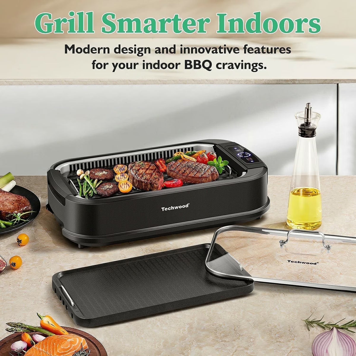Techwood Indoor Smokeless Grill, 1500W, Black, Electric Portable Korean BBQ Grill with Tempered Glass Lid