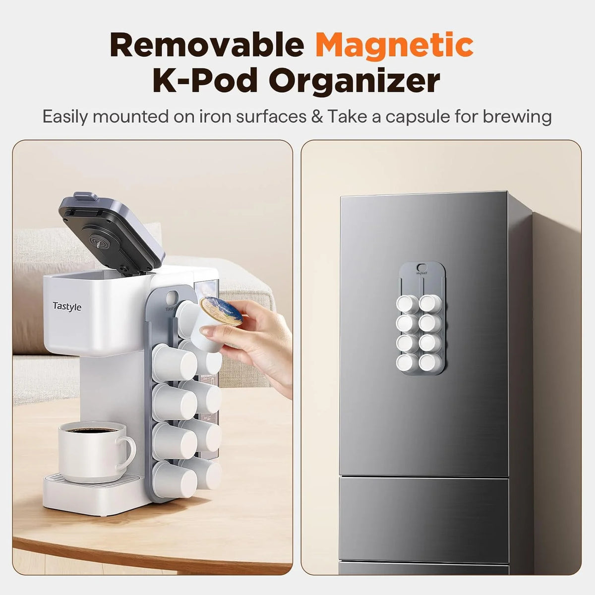 Hot & Iced Coffee Maker with Magnetic Organizer (Pods Not Included), Stores 10 Pods, 4-5 Cups Coffee Maker & Single-serve Brewer for K Cup & Grounds, 40oz Removable Water Tank