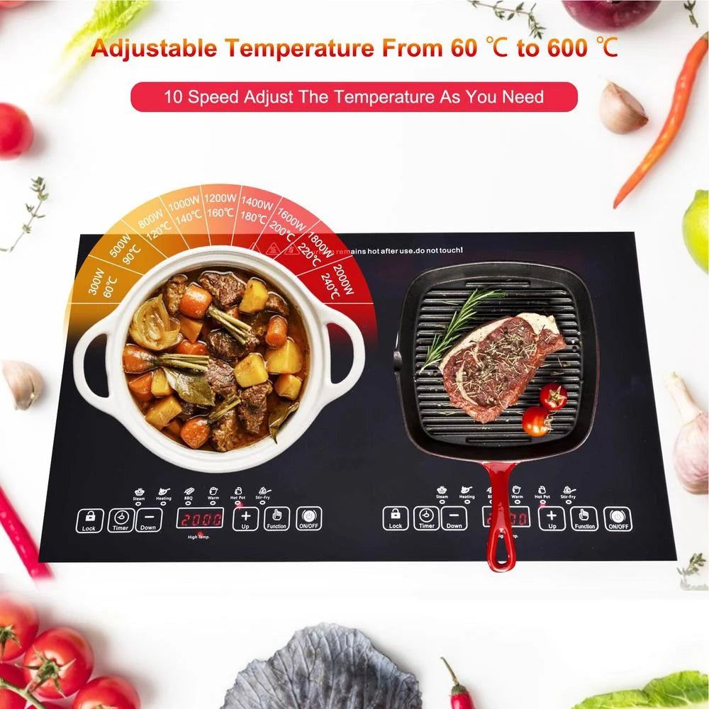 WAASOSCON 2 Burner Electric Cooktop, 2000W+2000W Double Induction Hob, 110V Portable Table Top Stove with Touch Control for Stone Pots
