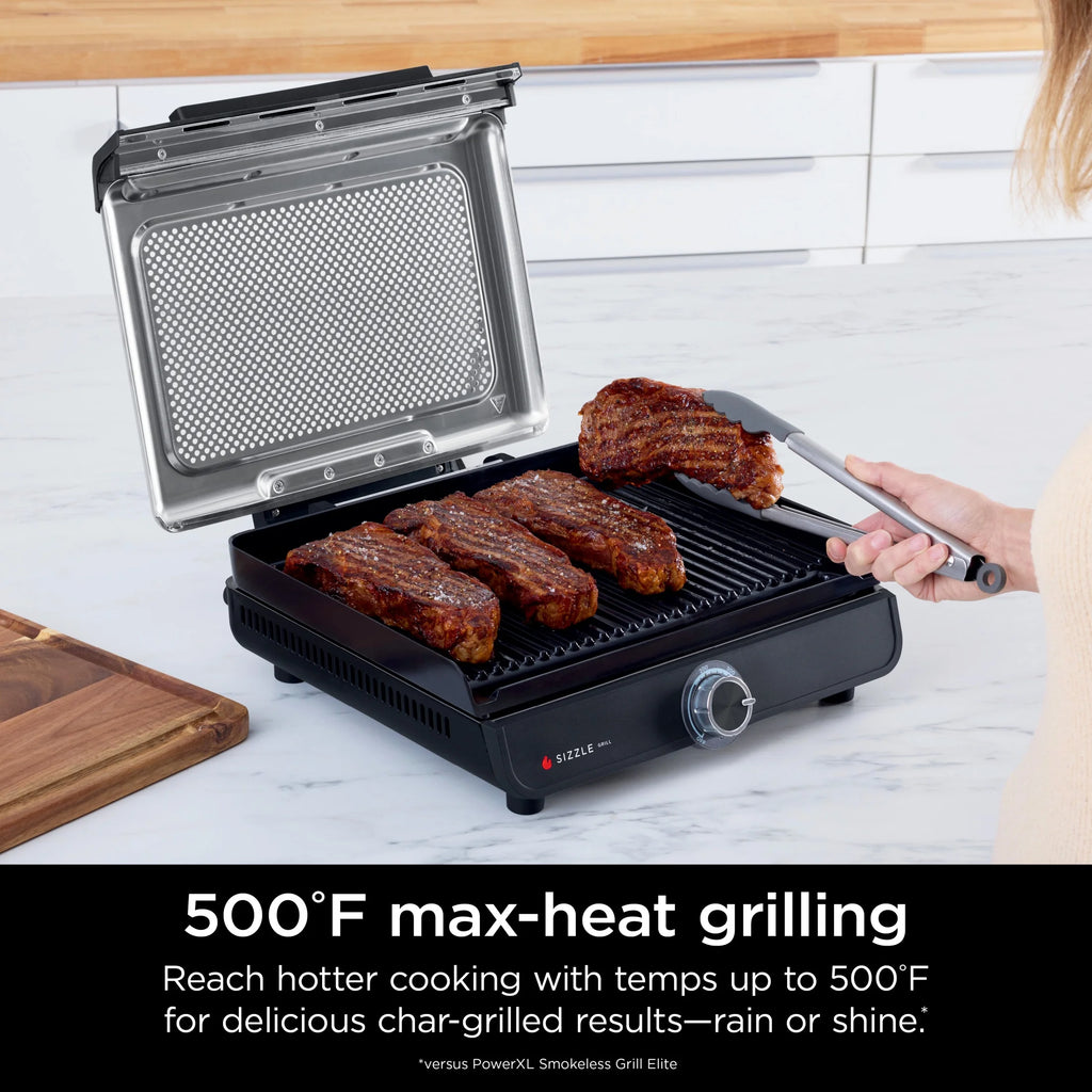 Ninja Sizzle Indoor Grill, 14'' Nonstick Grill Plate, Dishwasher-Safe Removable Mesh Lid, Even Edge-to-Edge Cooking, Black/Silver, GR100