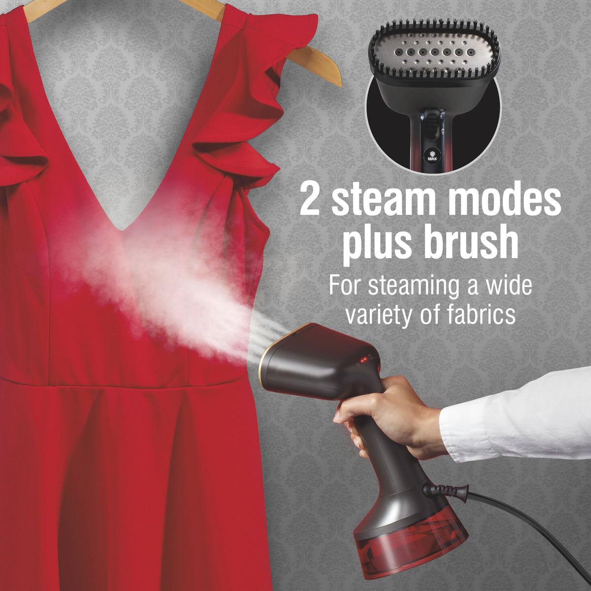 CHI LAVA Ceramic Plate Garment Steamer for Clothes with Fabric Brush, 2 Steam Modes, 1600 Watts, Red