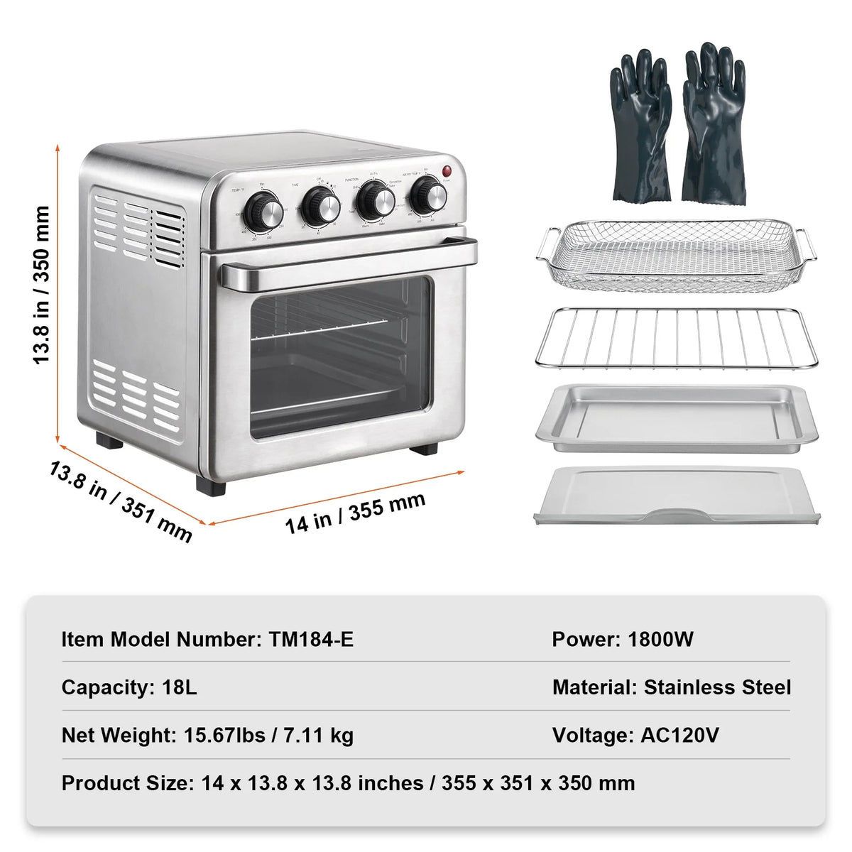 KFFKFF 7-IN-1 Air Fryer Toaster Oven 18L Stainless Steel 1700W Convection Oven