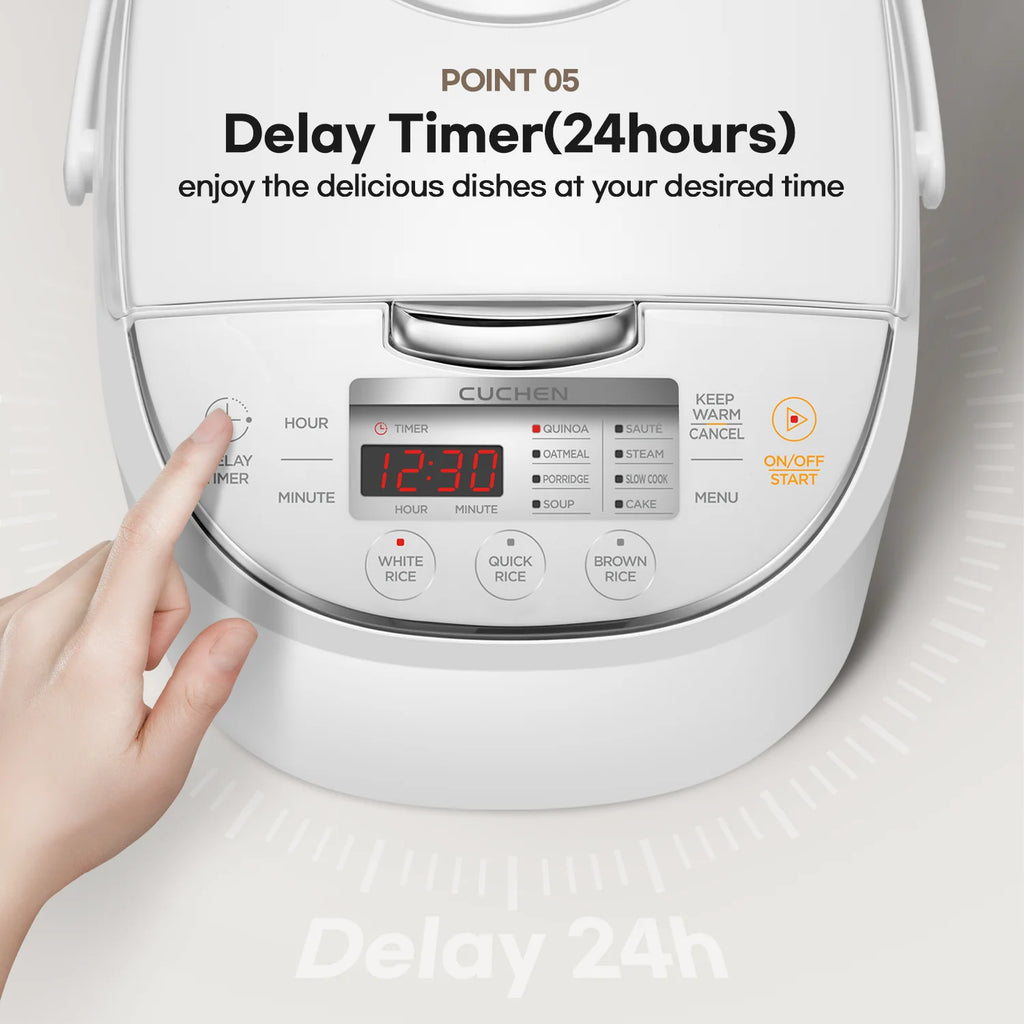 CUCHEN CRM-G0601WUS | Micom Rice Cooker 6 Cup (Uncooked) and Warmer | Direct Touch control | Nonstick Inner Pot | Delay Timer | White