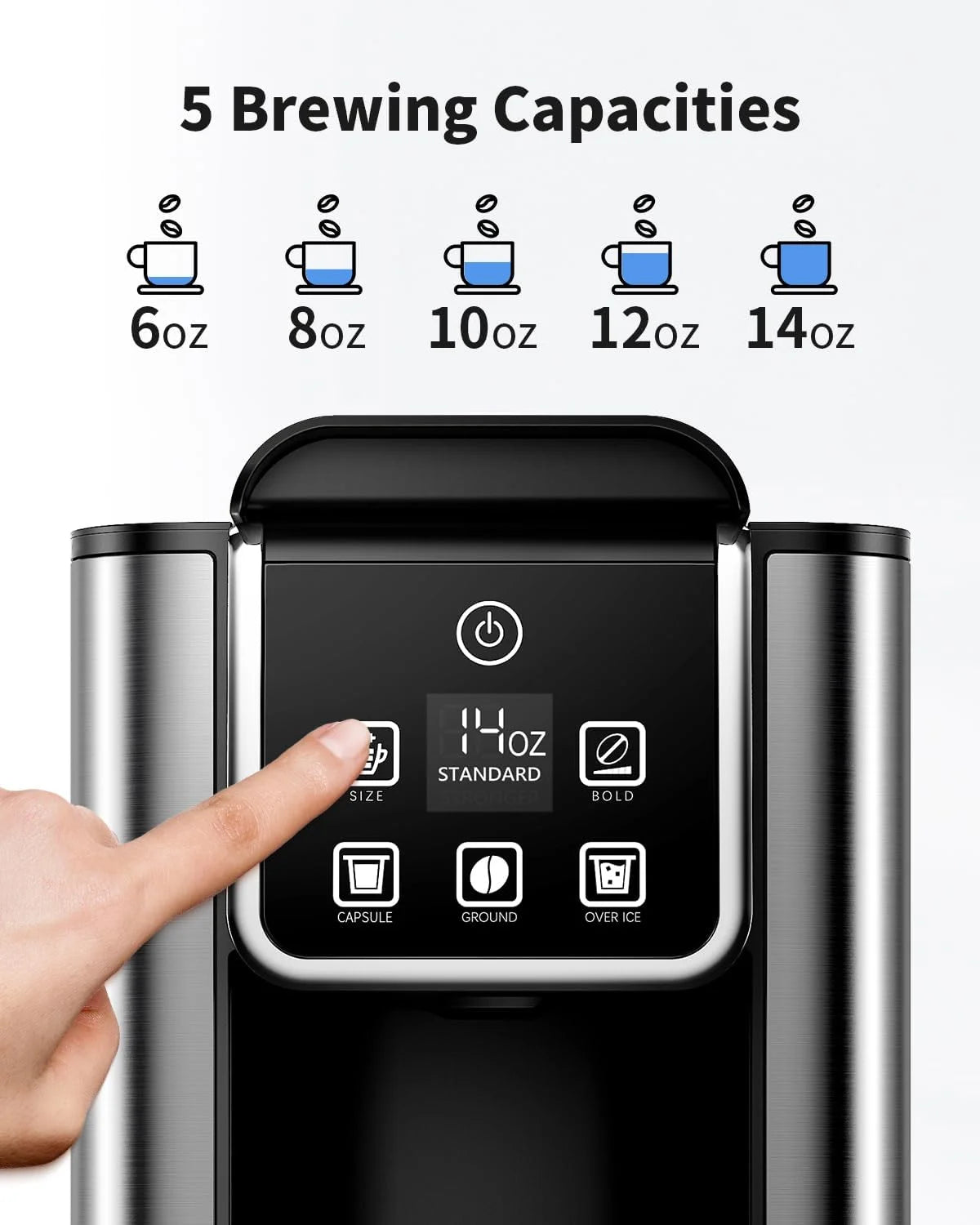 Hot & Iced Coffee Maker, Single Serve Coffee Maker for K Cup and Grounds, 6-14 Oz Brew Sizes, 50 Oz Removable Water Tank, One Cup Coffee Machine