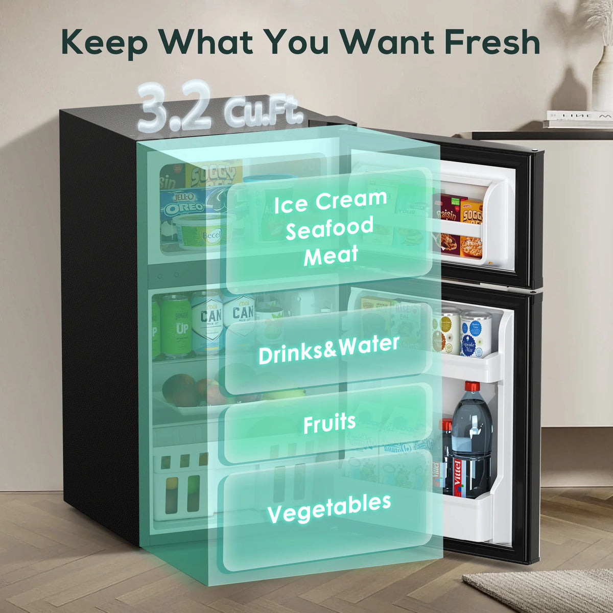 Auseo 3.1 Cu.Ft Double Door Mini Fridge with Freezer, Compact Retro Refrigerator for Dorm, Office, Bar, Bedroom, Black