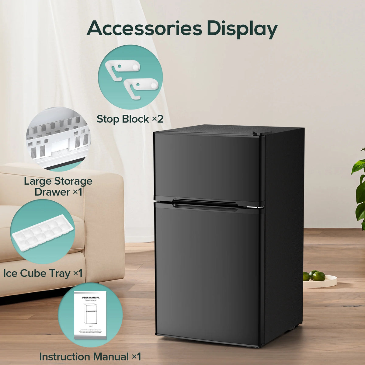 Auseo 3.1 Cu.Ft Double Door Mini Fridge with Freezer, Compact Retro Refrigerator for Dorm, Office, Bar, Bedroom, Black