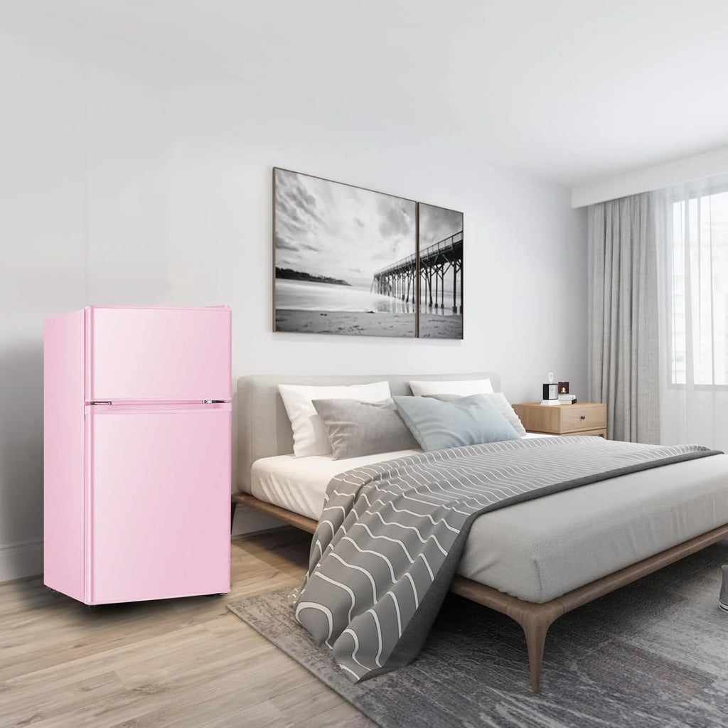 Kcpolre Pink Mini Fridge with Freezer 3.2 Cu.ft Refrigerators, Adjustable Glass Shelves, Quiet Dual Door Dorm Fridge for Bedroom, College, Office
