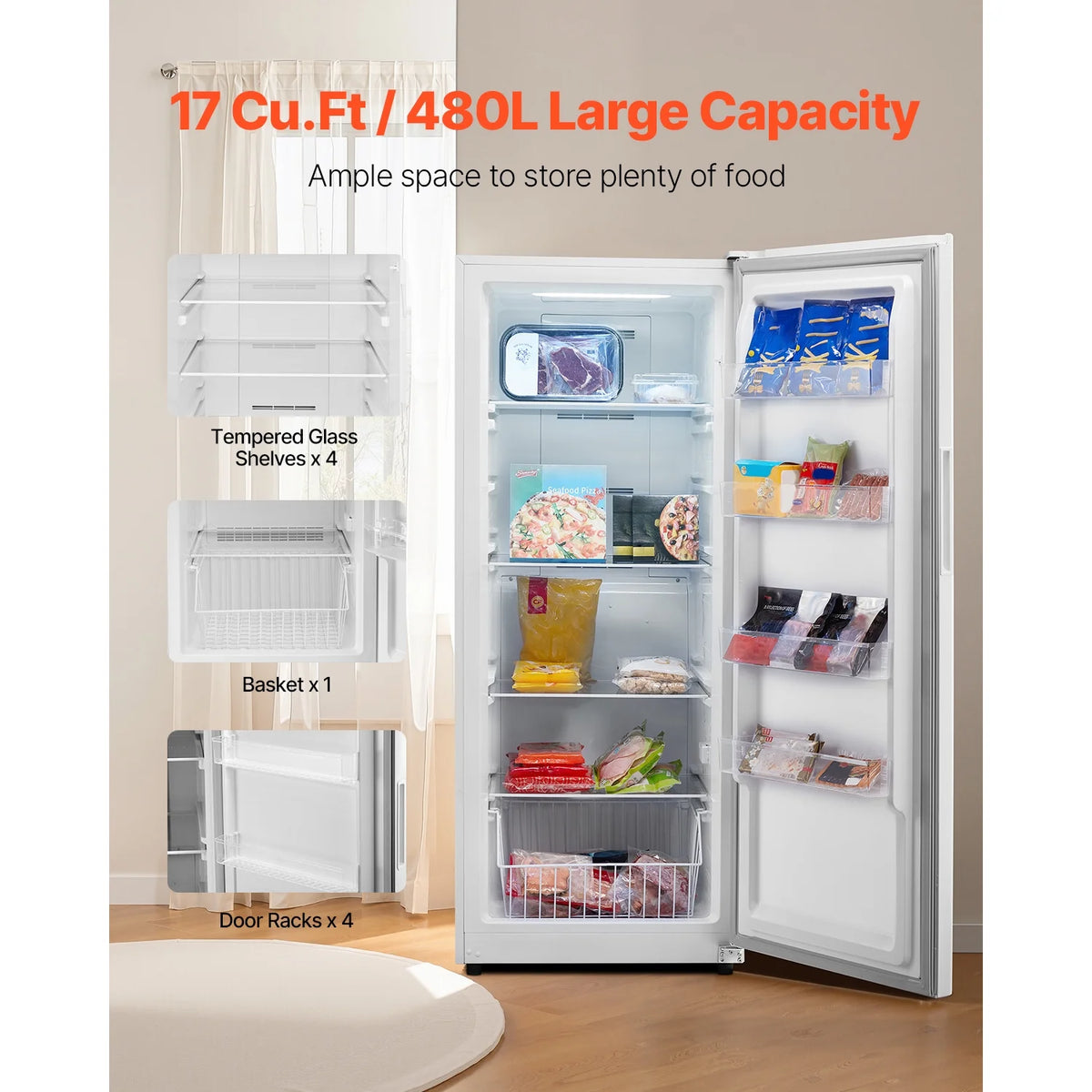 KFFKFF 17 Cu.Ft Upright Convertible Fridge/Freezer Upright Fridge Freezer Low Sound with Electronic Temperature Control Door Open too Long Alarm Adjustable Shelves and LED