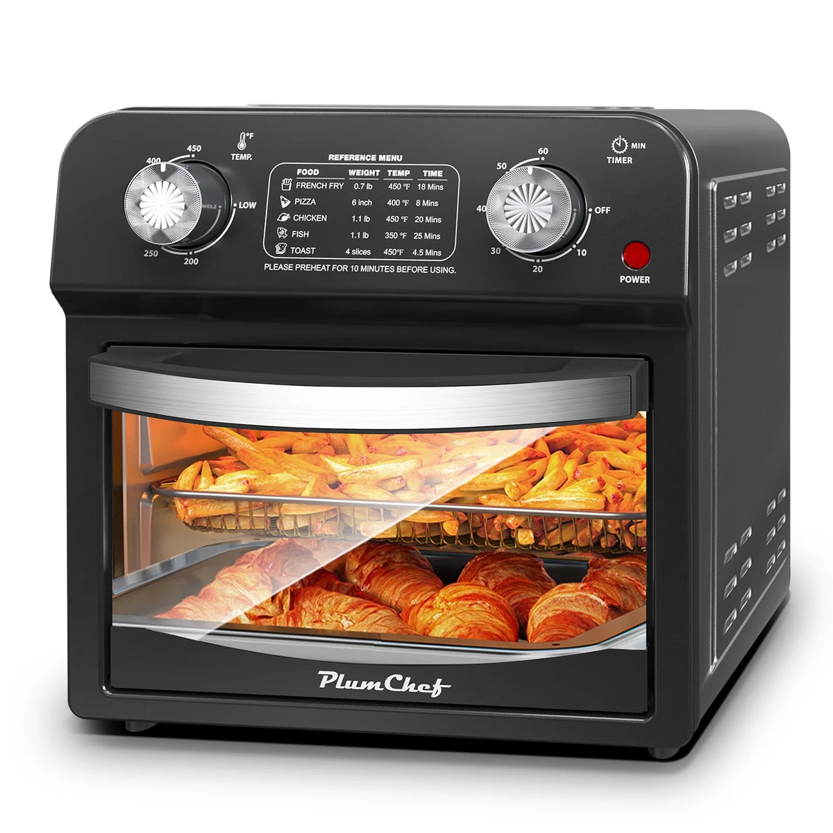 PlumChef 13 Quart 4 Slices Air Fryer Convection Toaster Oven, 1500W, 7 in 1 Multifunction with Roast, Bake, Grill, Broil, Toast, Dehydrate, Defrost, Stainless Steel