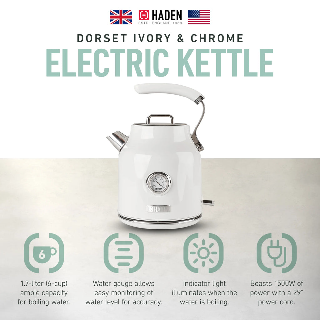 Haden Dorset 1.7 Liter Electric Water Kettle with Base, Putty & Chrome