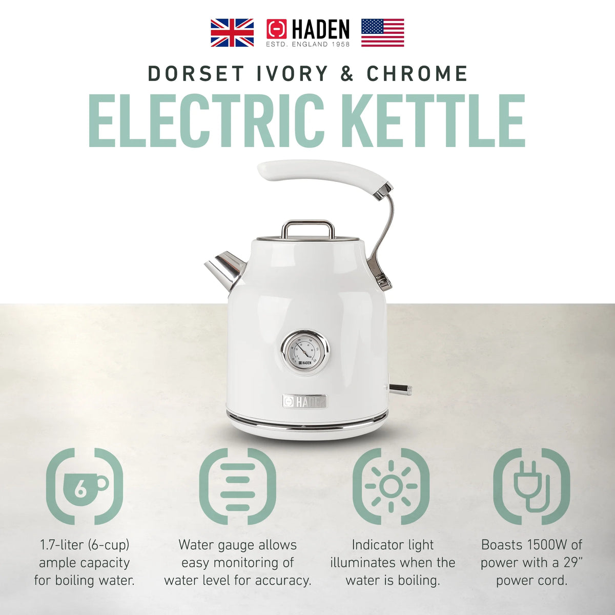 Haden Dorset 1.7 Liter Electric Water Kettle with Base, Putty & Chrome