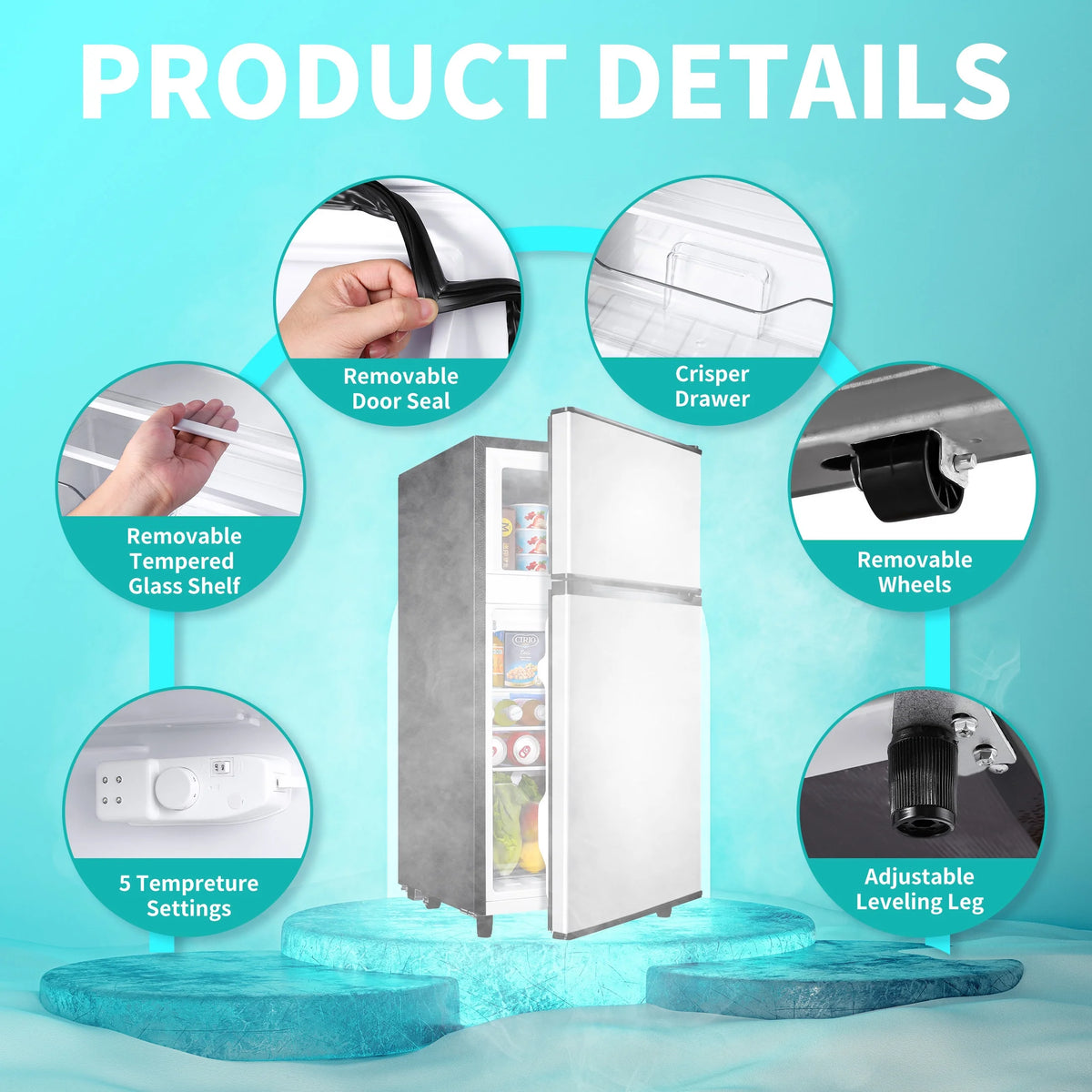 CALLIEVER Compact Mini Fridge with Freezer, 3.5 Cu.Ft 2-Door Refrigerator �C Ideal for Dorm, Office, Bedroom �C 7 Temp Settings, Adjustable Shelves,Silver