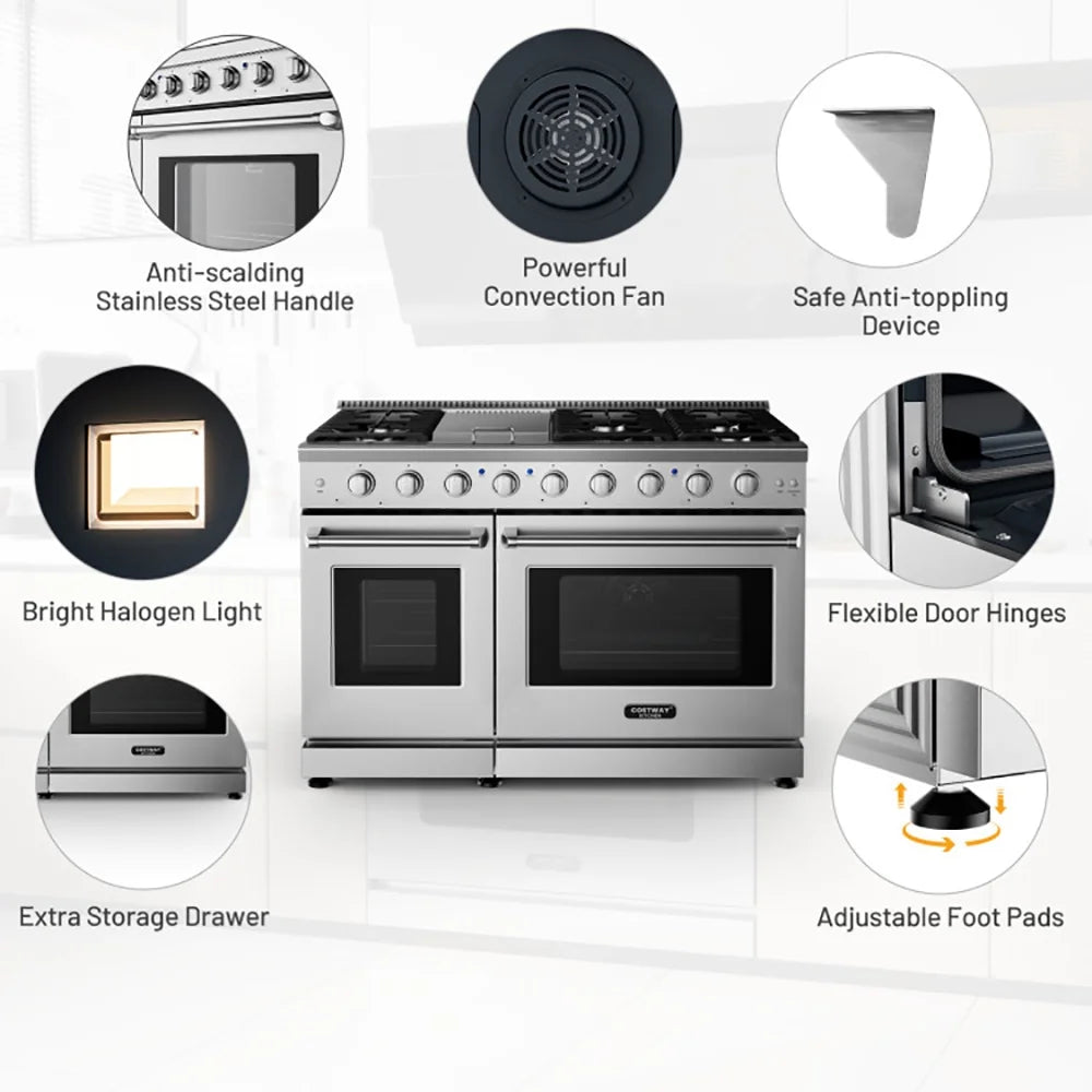 Spaco 48 Inches Freestanding Natural Gas Range with 7 Burners Cooktop, Gas Cooktop for Kitchen, Stainless Steel