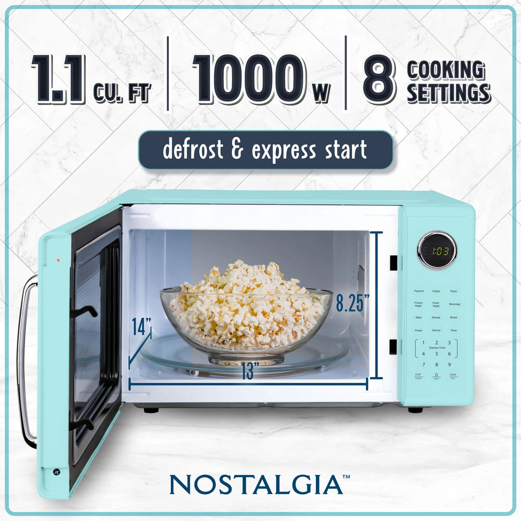 Nostalgia Retro Microwave Oven - 1.1 Cu Ft & 1000-Watt Countertop Size with Glass Turntable, Child Safety Lock, 8 Auto-Cook Programs & Digital Clock - Black