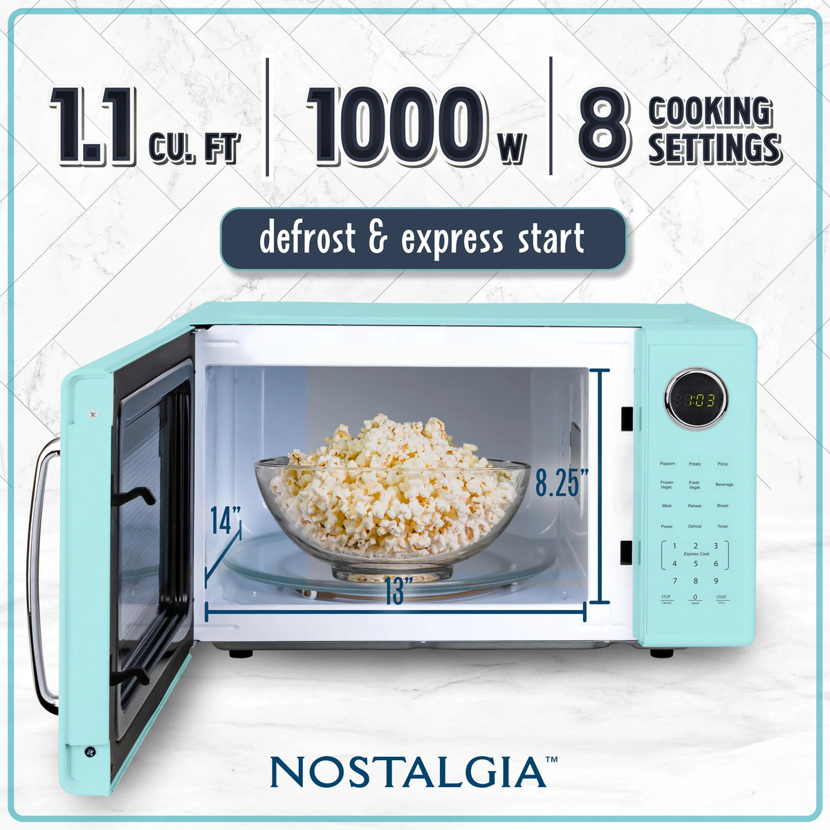 Nostalgia Retro Microwave Oven - 1.1 Cu Ft & 1000-Watt Countertop Size with Glass Turntable, Child Safety Lock, 8 Auto-Cook Programs & Digital Clock - Black