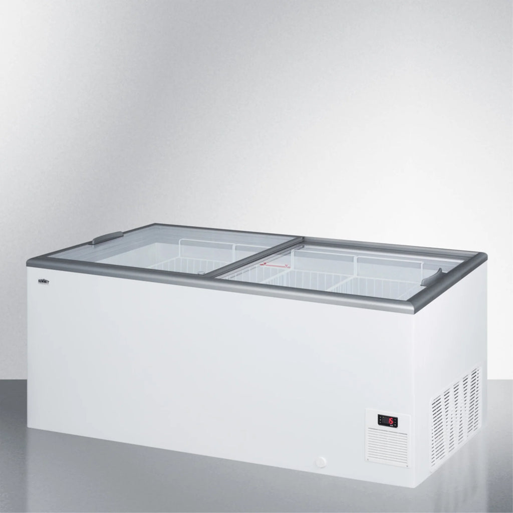 Flat top commercial ice cream freezer with sliding glass lid, digital thermostat, and novelty baskets