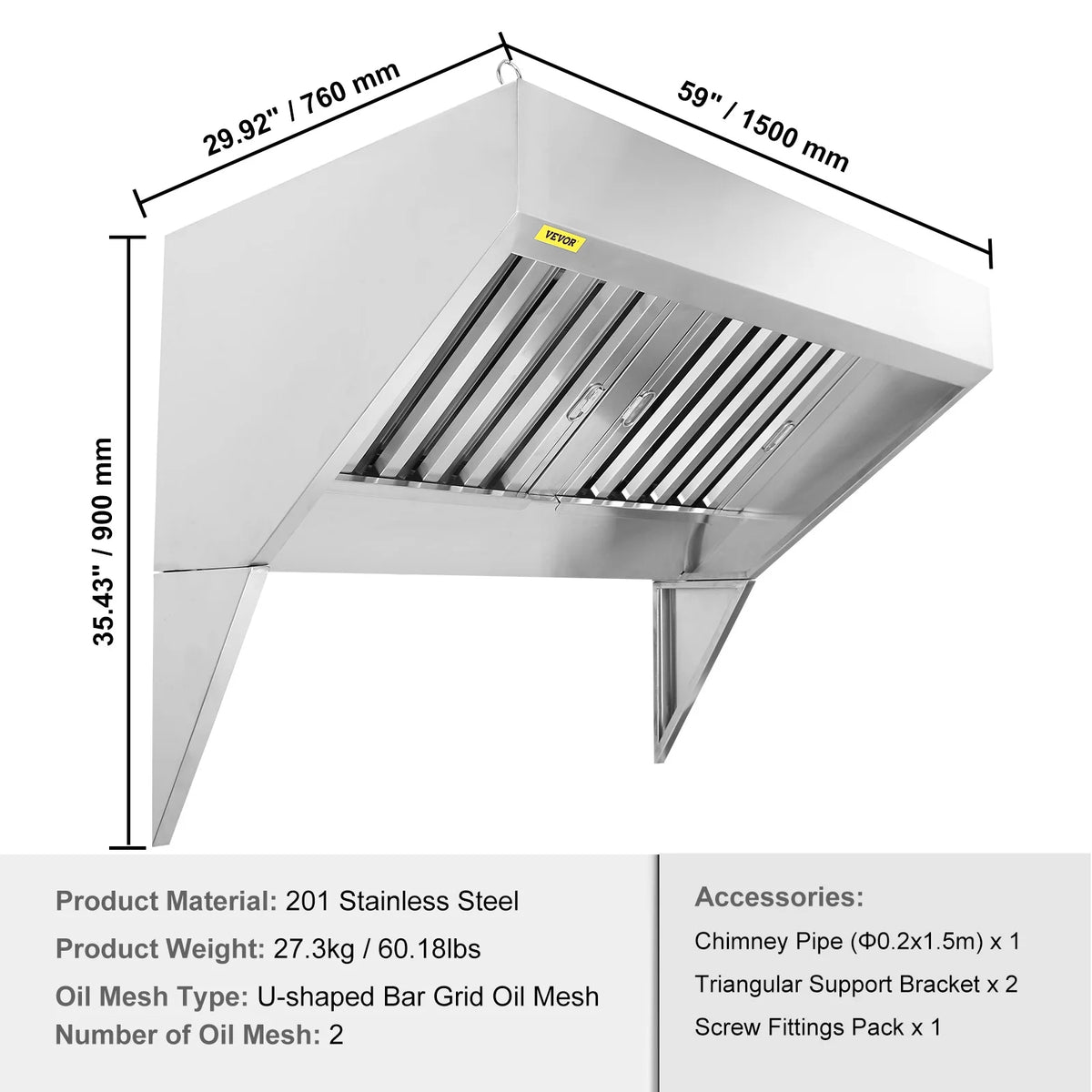 BENTISM Commercial Exhaust Hood 8ft Food Truck Hood Exhaust 201 Stainless Steel