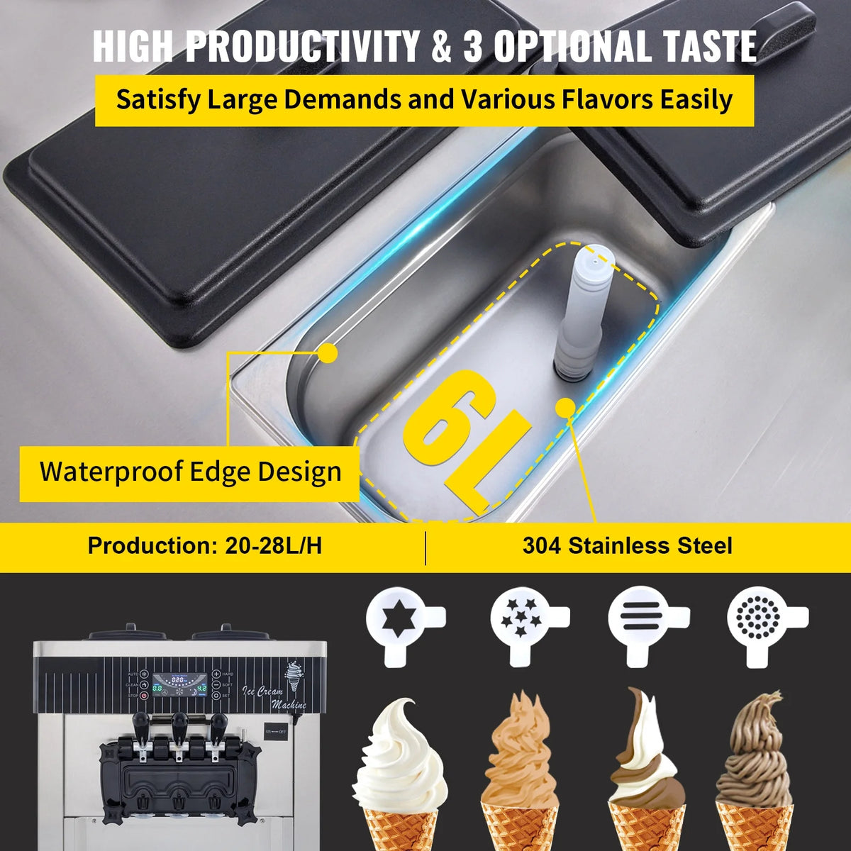 KFFKFF Commercial Ice Cream Maker 5.3 to 7.4 gph Soft Ice Cream with LED Display Self-Cleaning 3 Flavors Great for Restaurant Snack Bars, 2200-Watt, Silver