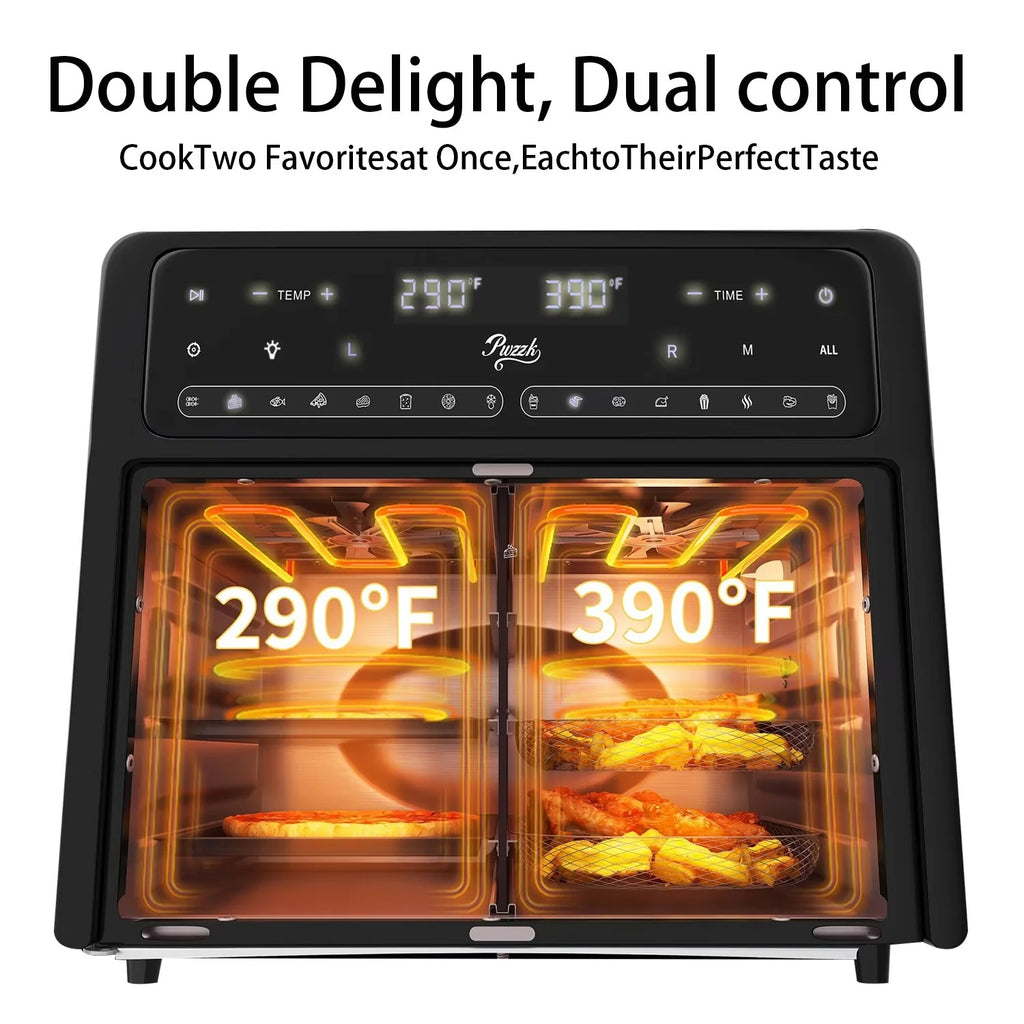 PwZzk 25.4QT Dual Zone Air Fryer Toaster Oven Combo, French Glass Door, XL Capacity, 100-430��F Temperature Range, 16 Preset Functions, LED Display, Dual Fan, 360�� Heat Circulation, Rotisserie, Bake,