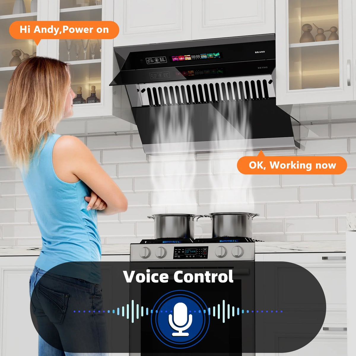 BRANO 30 inch Range Hood Stainless Steel Kitchen Hood, 900CFM, Voice/Gesture Sensing, Touch Control, Side-Draft Design