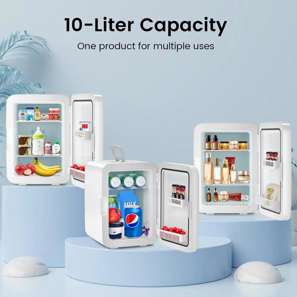 Compact  Fridge, 15 Can Portable Small Refrigerator with  Adapters, 10 Liter White Cosmetics Cooler for Beverage, Food, Skincare