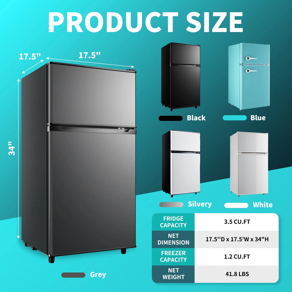 CALLIEVER Compact Mini Fridge with Freezer, 3.5 Cu.Ft 2-Door Refrigerator �C Ideal for Dorm, Office, Bedroom �C 7 Temp Settings, Adjustable Shelves,Silver