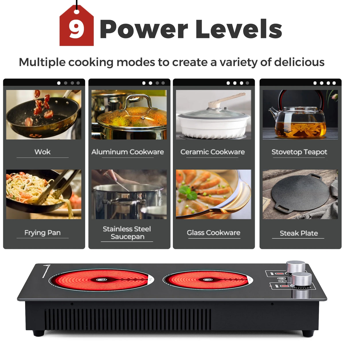 Advwin 2 Burner Electric Cooktop,110v Electric Cooktop with Knob Control,12 Inch Countertop & Built-in Ceramic Cooktop with Child Safety Lock, Timer, 9 Power Levels and Over-Temperature Protection