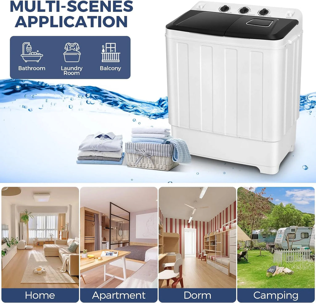 Qhomic Portable Washer 30lbs, 2-in-1 Twin Tub Washer & Dryer Combo Compact Semi-Automatic Washing Machine with Drain Pump, Black