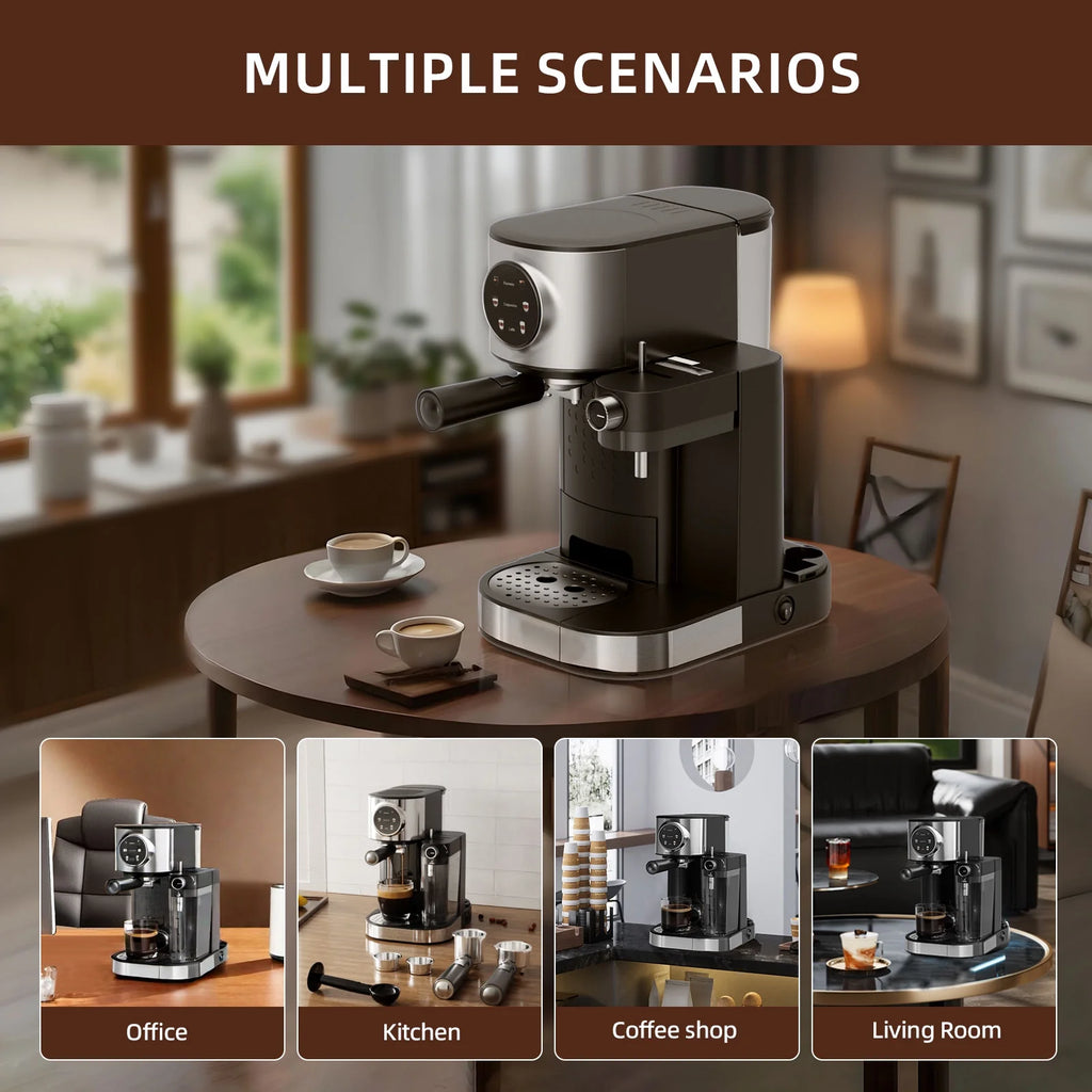 Auseo 20 Bar Espresso Machines, Espresso Coffee Maker with Milk Frother Steam Wand, Ground Coffee & Capsules, Black and Stainless Finish, Espresso/Cappuccino/Latte/Mocha for Home